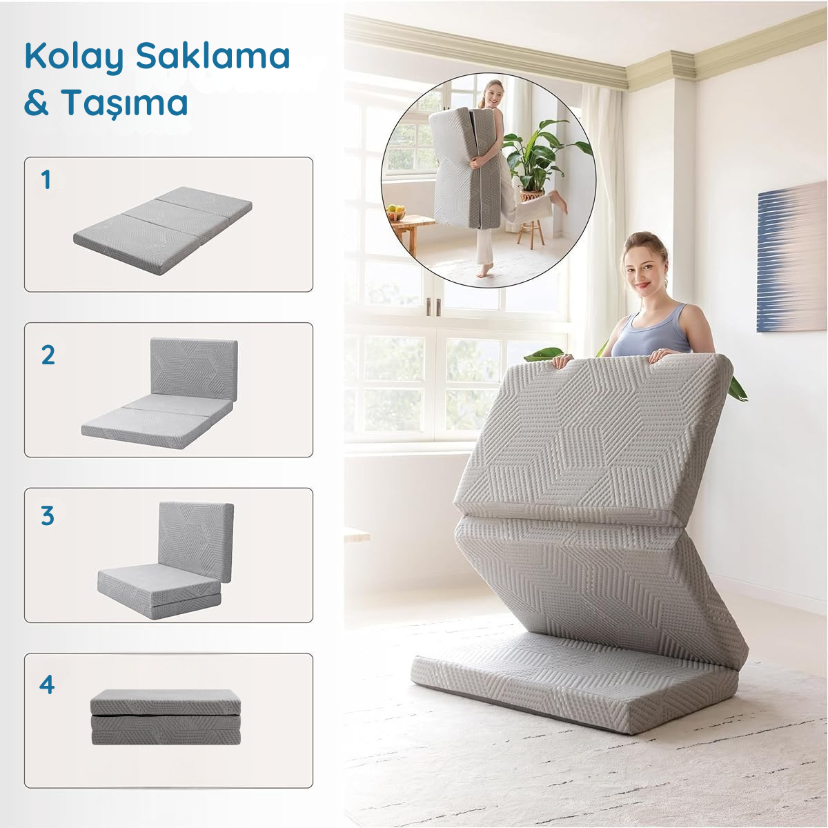 80x200 cm Katlanır Yatak - Gri - Yıkanabilir Kılıflı - Misafir & Kamp Yatağı - HEMNES Uyumlu