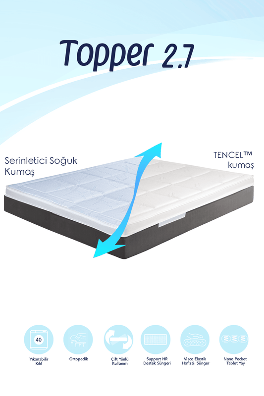Topper 2.7 - Serinletici Soğuk & TENCEL™ Kılıflı Nano Paket Yaylı Visco Yatak Pedi - www.maviayyatak.com