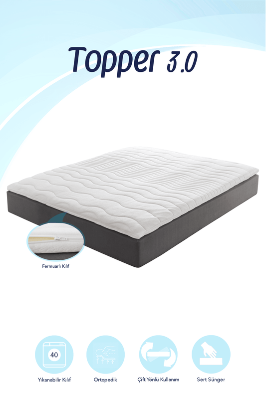 Topper 3.0 ortopedik yatak pedi, yıkanabilir kapak ve sert sünger ile konforlu uyku sağlıyor.