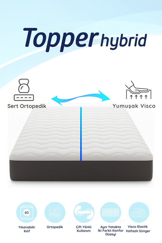 Topper Hybrid Dual Firmness Yatak Pedi- Çift Kişilik Sert & Soft Bir Arada - Yıkanabilir Kılıflı